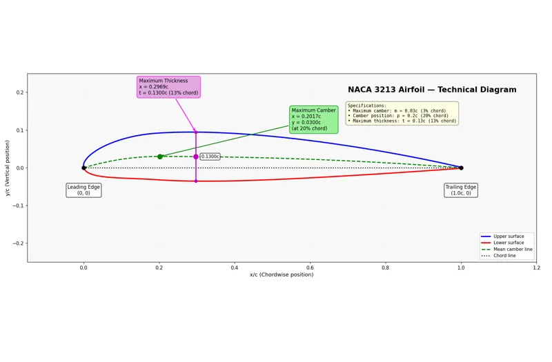 Technical diagram of a NACA 3213 airfoil showing maximum thickness and maximum camber positions.