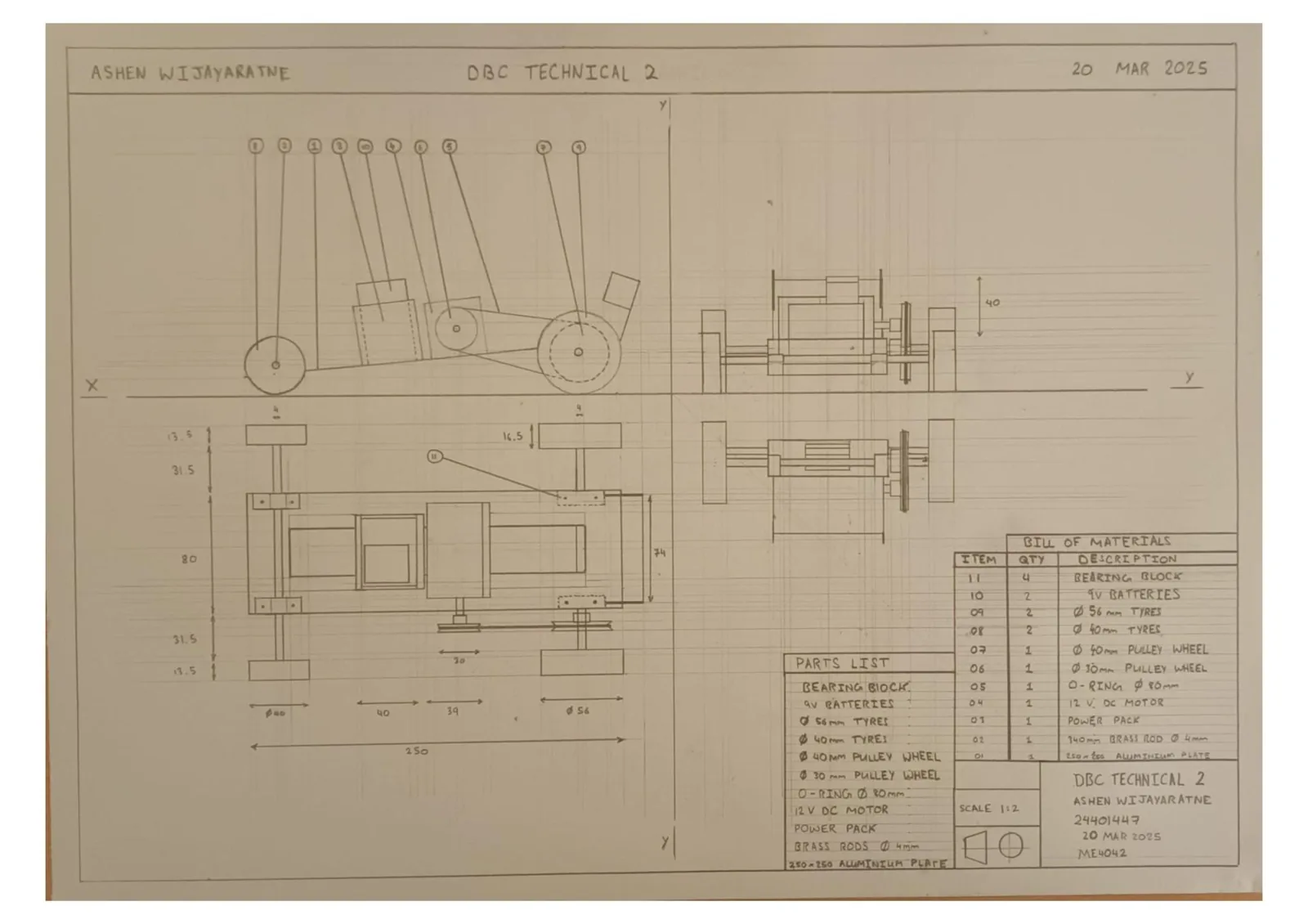 Hand-drawn engineering drawing of the vehicle with plan, side and end views, a parts list and bill of materials.