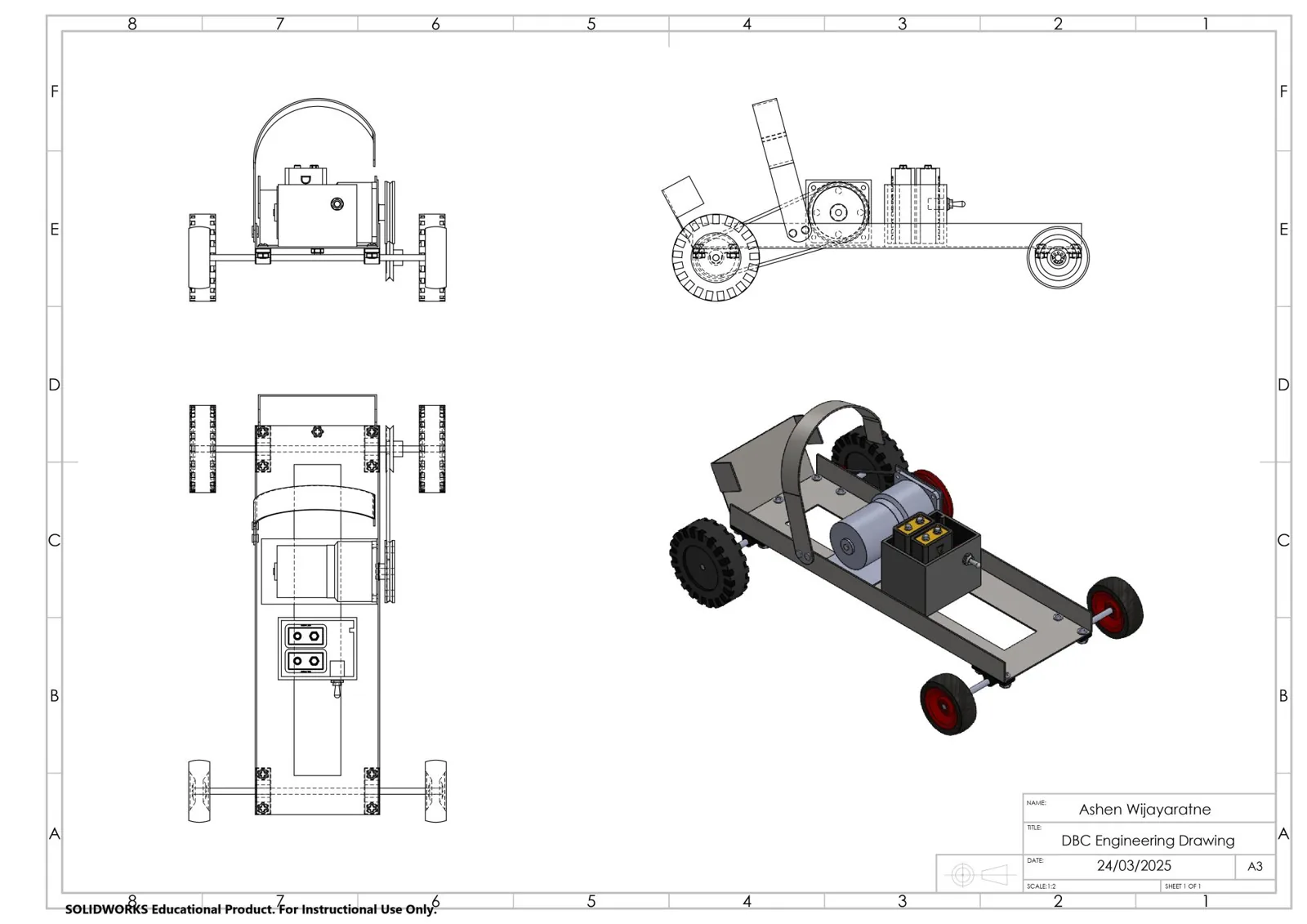 SolidWorks engineering drawing of the vehicle with orthographic views, an isometric view and a bill of materials.