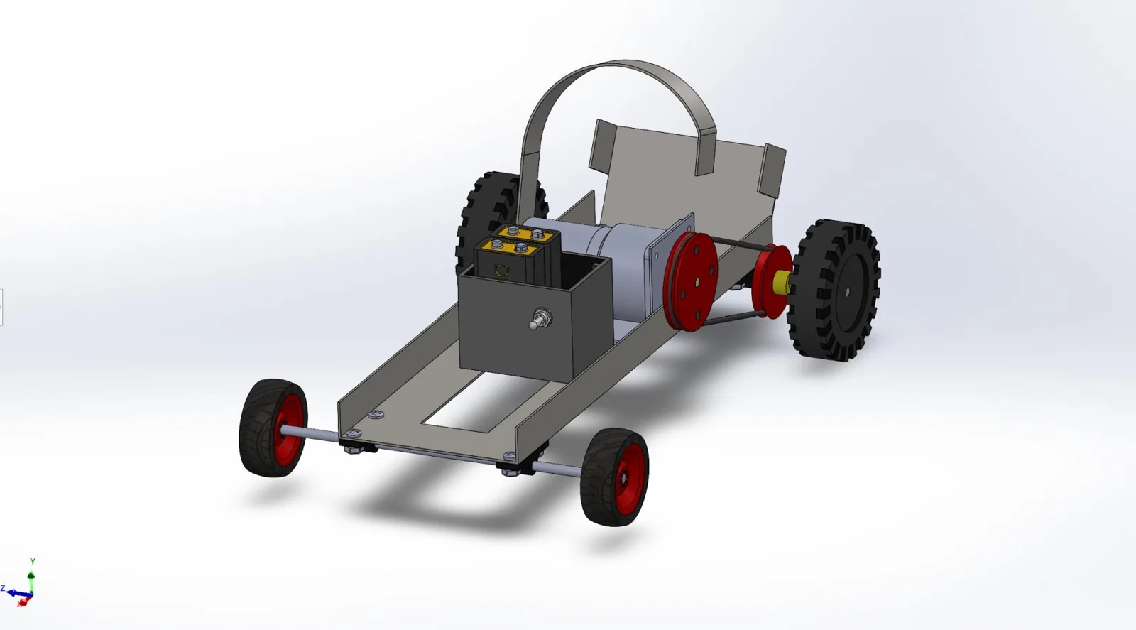 SolidWorks model of the full vehicle with a hollow chassis, motor, batteries and a curved bottle support.