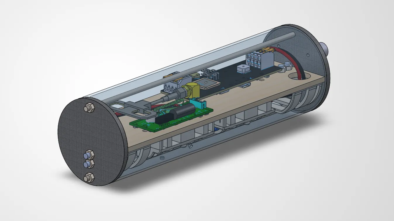 Booster-stage avionics bay render with electronics on a sled inside a clear tube.