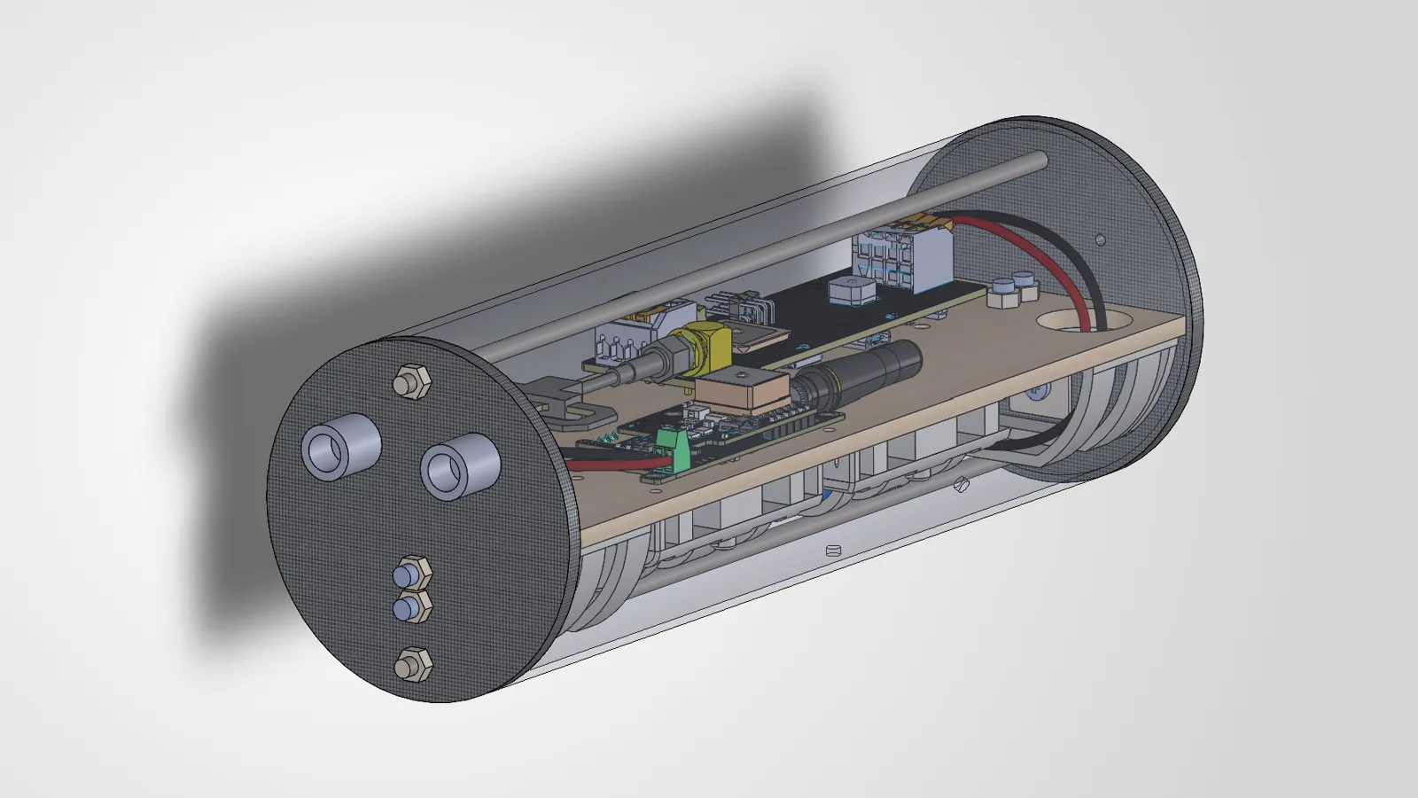 SolidWorks render of the sustainer-stage avionics bay: electronics mounted on a sled inside a clear tube, with bulkheads at each end.