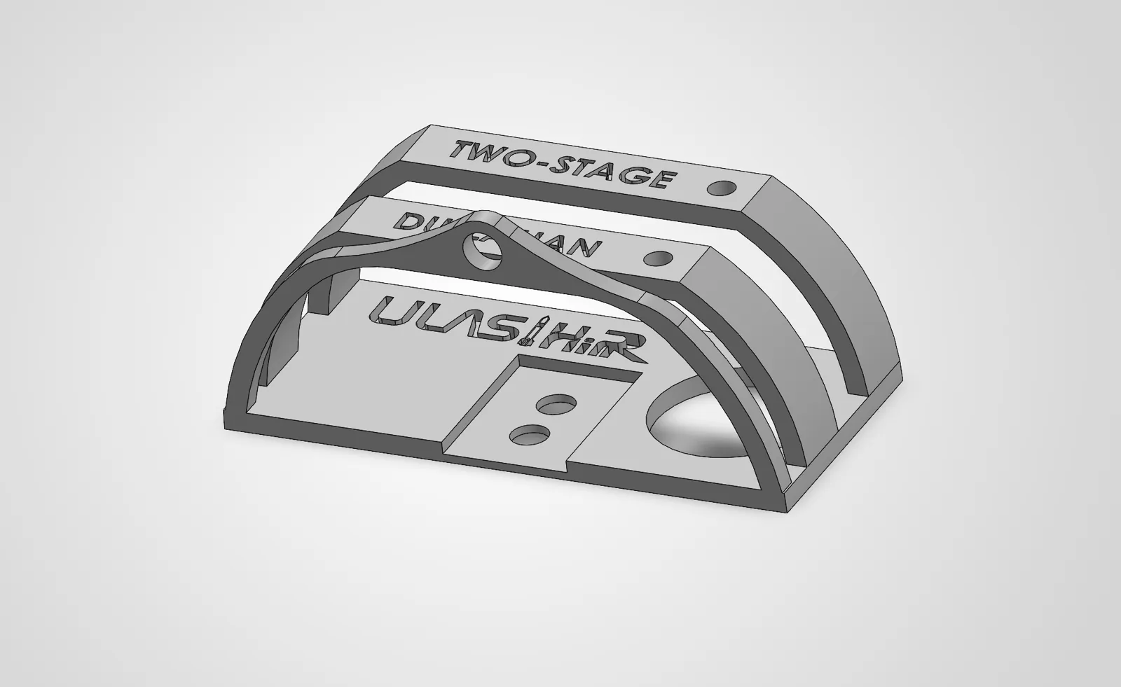 Saturn-ring screw-switch standoff with ULAS HiPR and Dullahan lettering, isometric view.