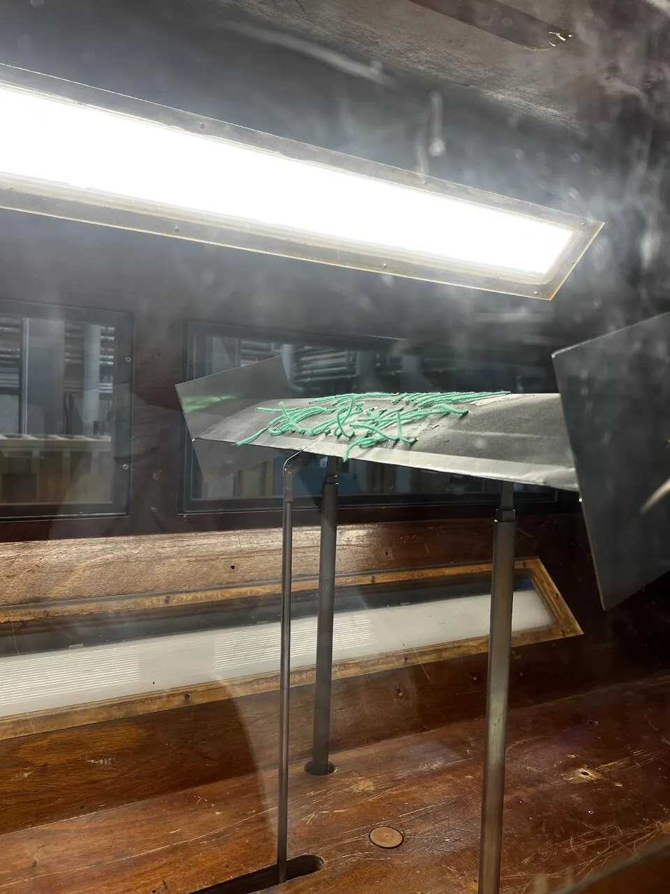 2D NACA 4412 test section in the tunnel, trailing-edge view, showing flow separation.