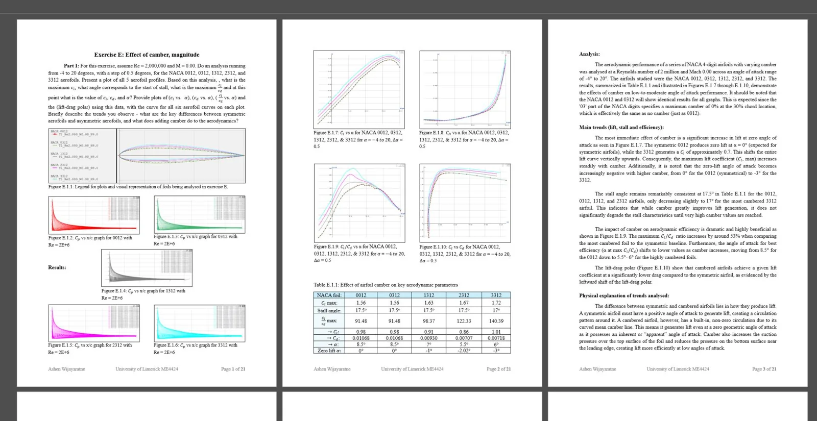 Three sample report pages showing polar plots for different camber magnitudes.